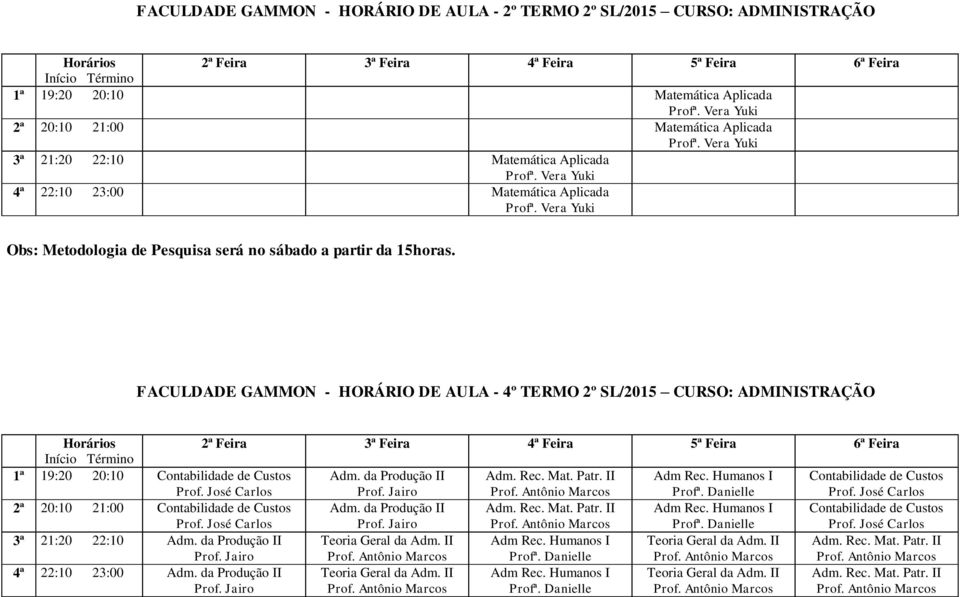 FACULDADE GAMMON - HORÁRIO DE AULA - 4º TERMO 2º SL/2015 CURSO: ADMINISTRAÇÃO 1ª 19:20 20:10 Contabilidade de Custos Prof. José Carlos Adm. da Produção II Adm. Rec. Mat. Patr. II Adm Rec.