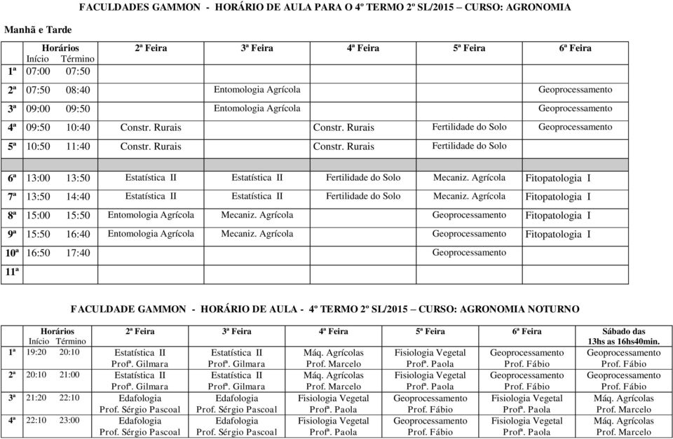 Agrícola Fitopatologia I 7ª 13:50 14:40 Estatística II Estatística II Fertilidade do Solo Mecaniz. Agrícola Fitopatologia I 8ª 15:00 15:50 Entomologia Agrícola Mecaniz.