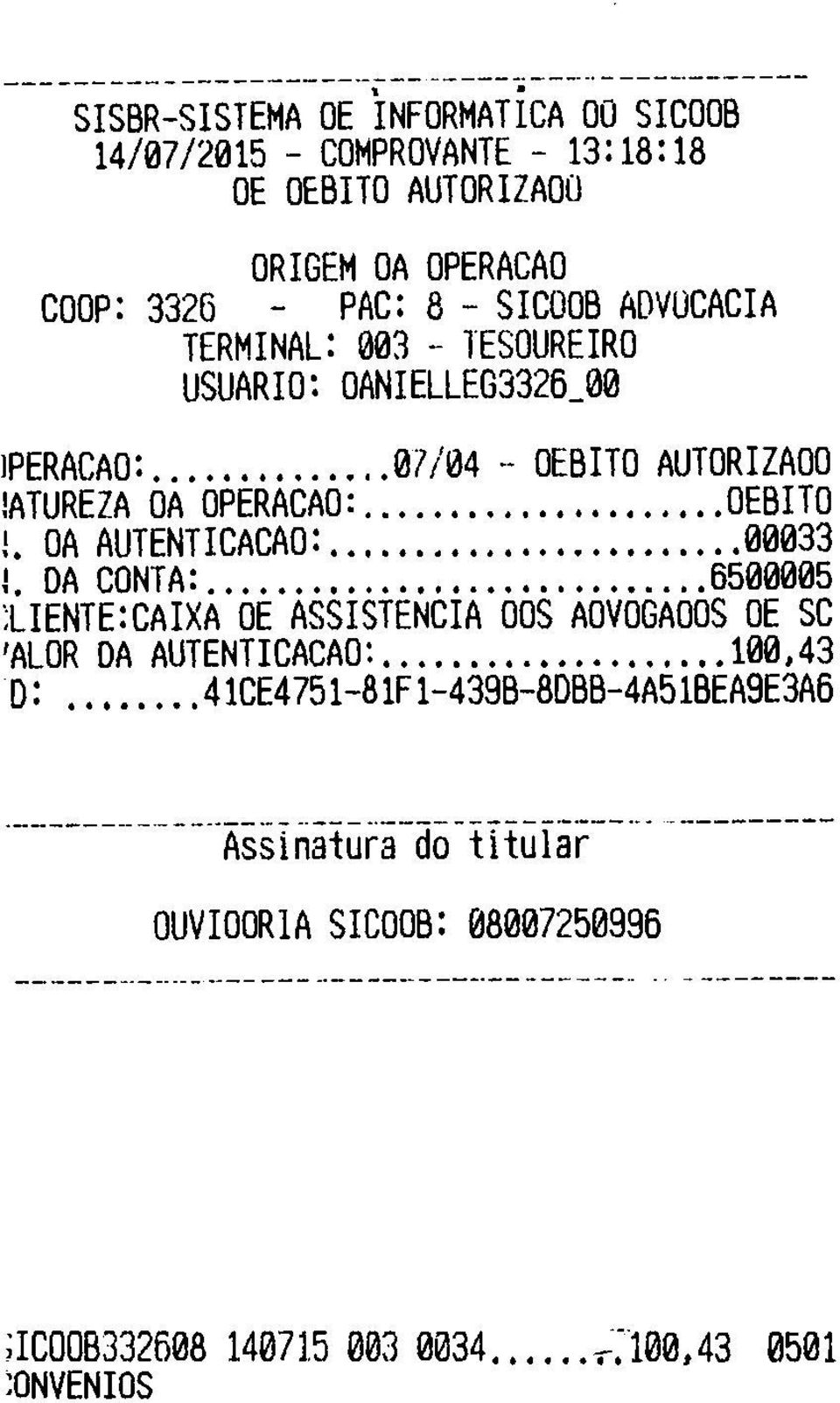 DEBITO!. DA AUTENTICACAO: 00033 I.