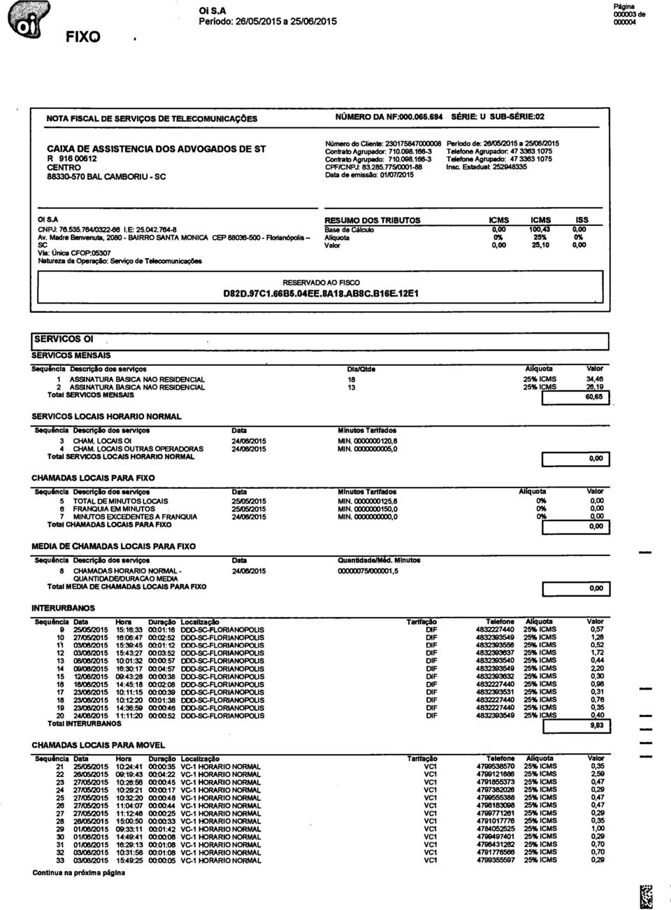 Agrupador: 715098.166-3 Telefone Agrupador. 47 3383 1075 Cantata Agrupado: 710.098.168-3 Telefone Agrupado: 47 3383 1075 CPF/CNPJ: 83.285.775/0001-88 insc.