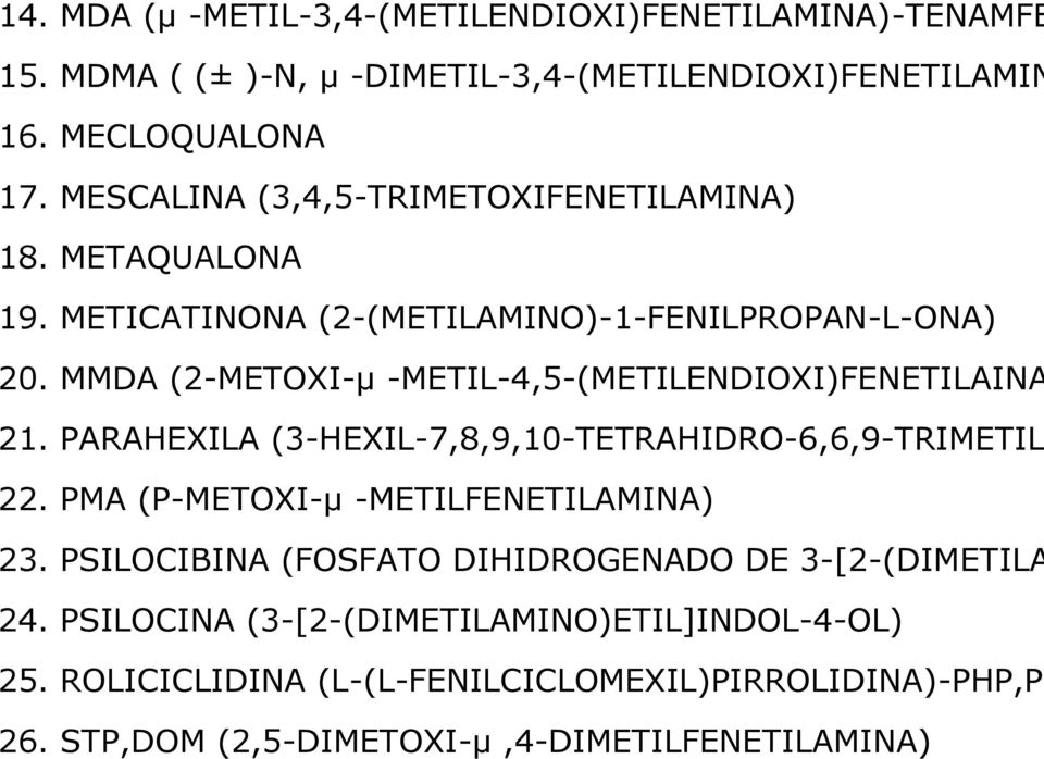 MMDA (2-METOXI-µ -METIL-4,5-(METILENDIOXI)FENETILAINA 21. PARAHEXILA (3-HEXIL-7,8,9,10-TETRAHIDRO-6,6,9-TRIMETIL 22. PMA (P-METOXI-µ -METILFENETILAMINA) 23.