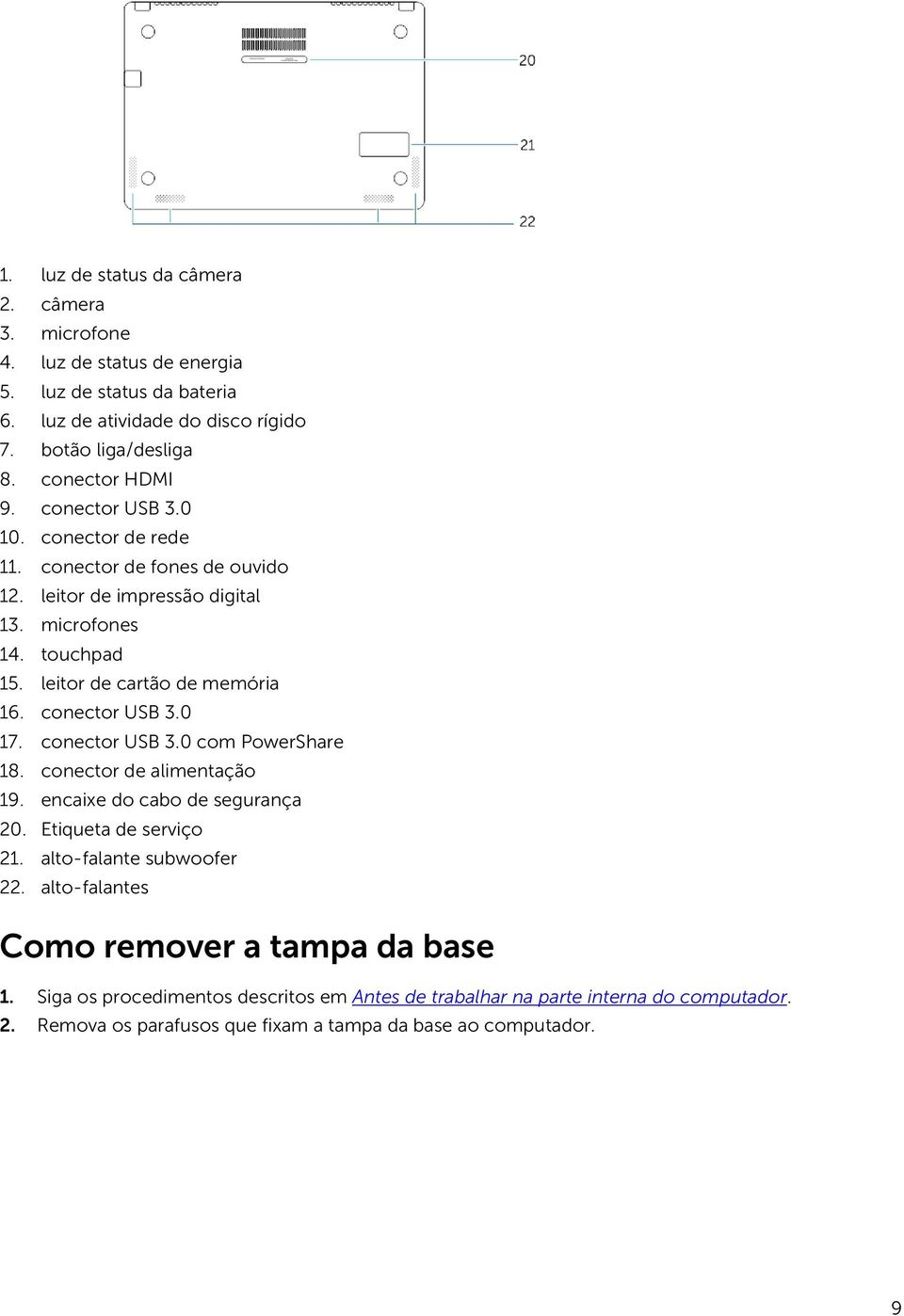 leitor de cartão de memória 16. conector USB 3.0 17. conector USB 3.0 com PowerShare 18. conector de alimentação 19. encaixe do cabo de segurança 20. Etiqueta de serviço 21.