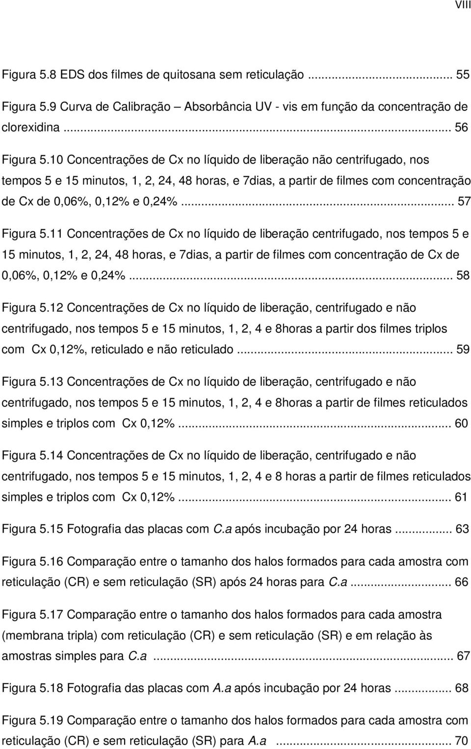 11 Concentrações de Cx no líquido de liberação centrifugado, nos tempos 5 e 15 minutos, 1, 2, 24, 48 horas, e 7dias, a partir de filmes com concentração de Cx de 0,06%, 0,12% e 0,24%... 58 Figura 5.