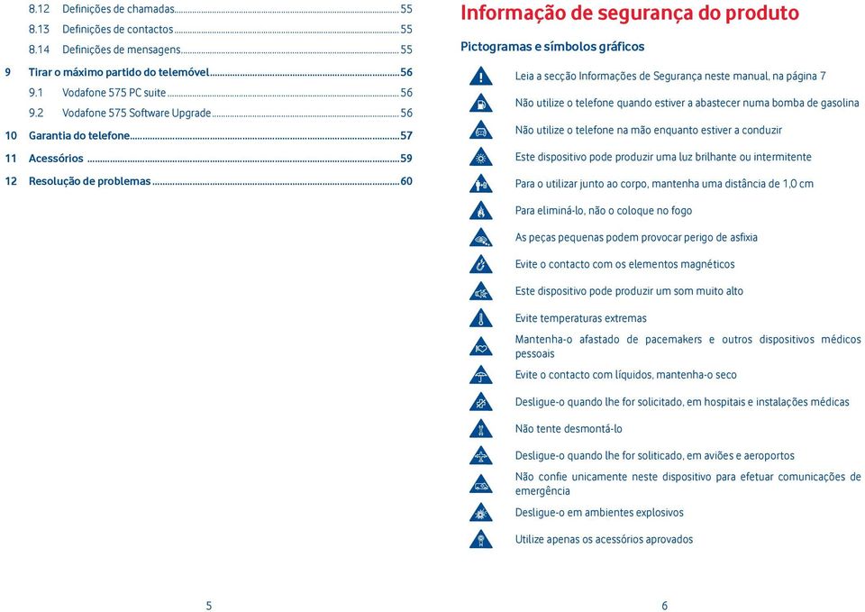 ..60 Informação de segurança do produto Pictogramas e símbolos gráficos Leia a secção Informações de Segurança neste manual, na página 7 Não utilize o telefone quando estiver a abastecer numa bomba