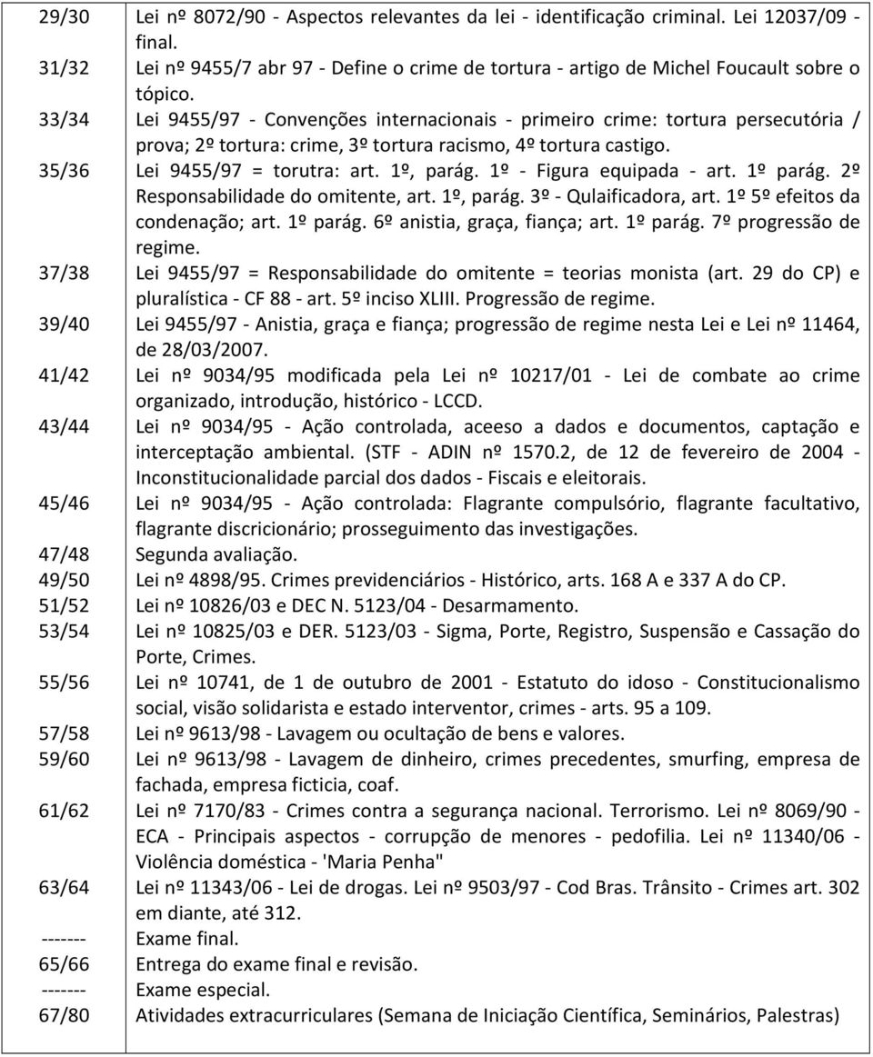 Lei 9455/97 - Convenções internacionais - primeiro crime: tortura persecutória / prova; 2º tortura: crime, 3º tortura racismo, 4º tortura castigo. Lei 9455/97 = torutra: art. 1º, parág.