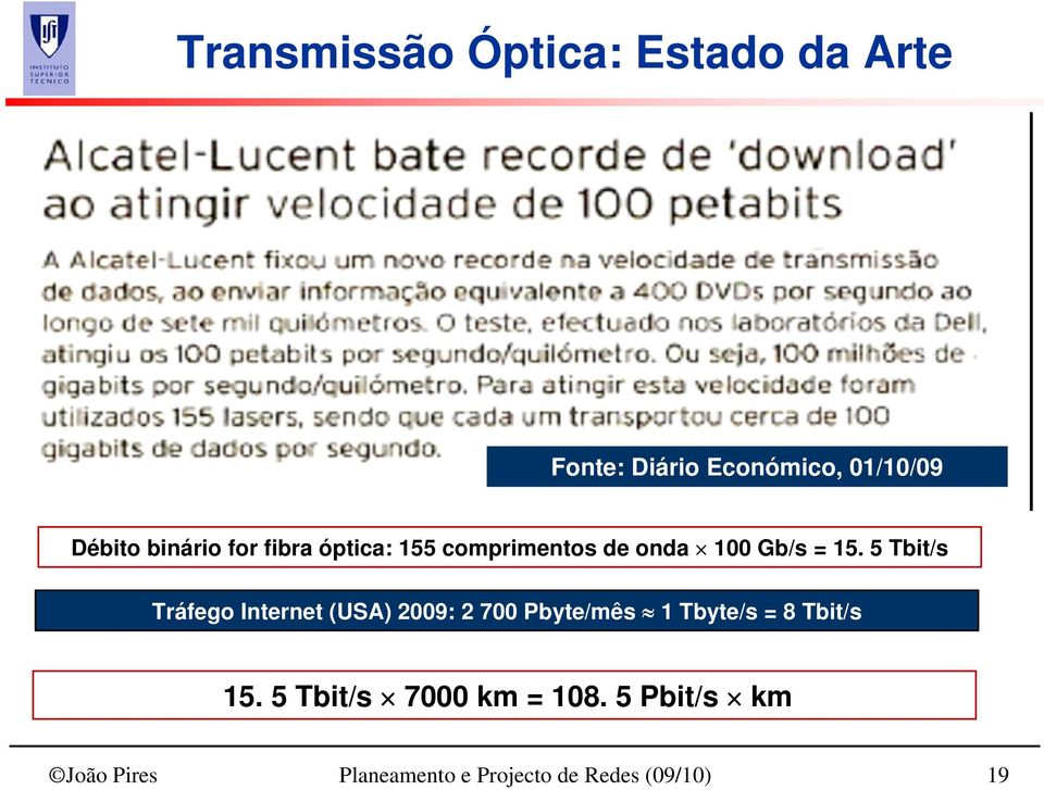 5 Tbit/s Tráfego Internet (USA) 2009: 2 700 Pbyte/mês 1 Tbyte/s = 8 Tbit/s 15.