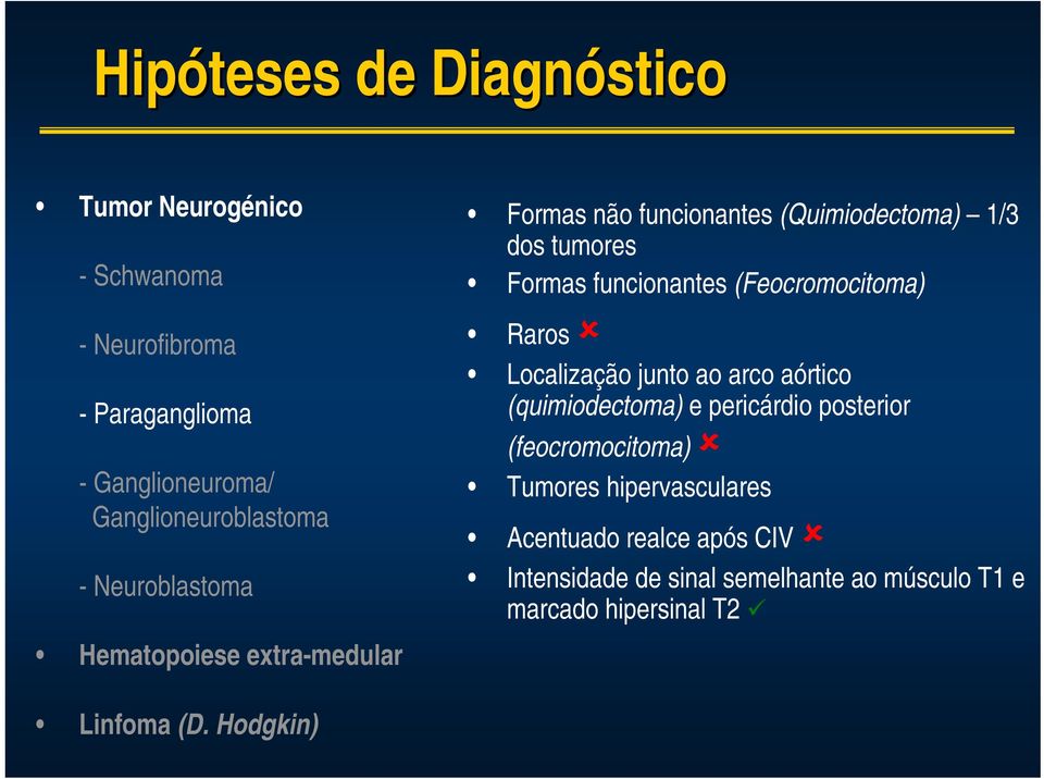 (Feocromocitoma) Raros Localização junto ao arco aórtico (quimiodectoma) e pericárdio posterior (feocromocitoma) Tumores