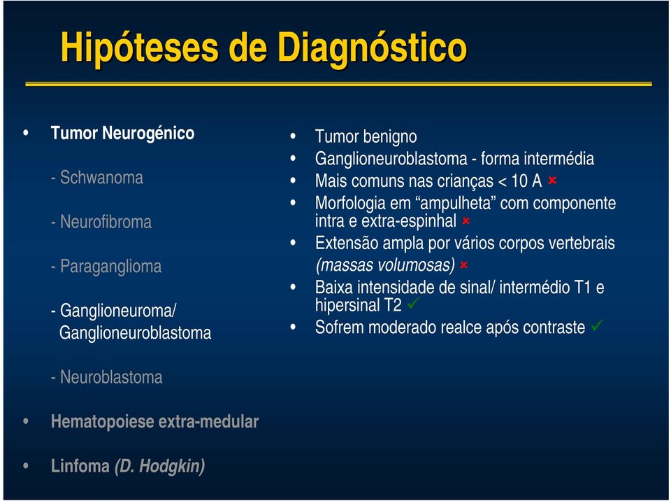 ampulheta com componente intra e extra-espinhal Extensão ampla por vários corpos vertebrais (massas volumosas) Baixa