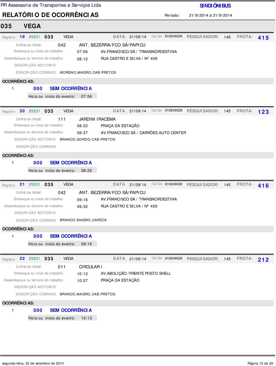 PRETOS início do evento: 07:56 Registro 20 25231 035 VEGA Linha ou local: 111 JARDIM IRACEMA Embarque ou início do trabalho: 08:22 PRAÇA DA ESTAÇÃO Desembarque ou término do trabalho: 08:37 AV.