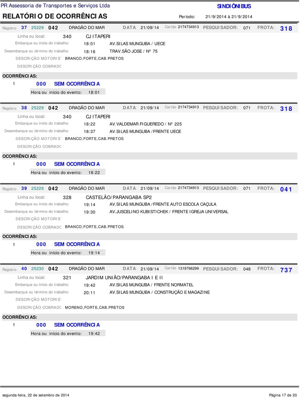 PRETOS DESCRIÇÃO COBRADOR: início do evento: 18:01 Registro 38 25229 042 DRAGÃO DO MAR DATA: 21/09/14 Cartão 2174734913 PESQUISADOR: 071 Linha ou local: 340 CJ ITAPERI Embarque ou início do trabalho: