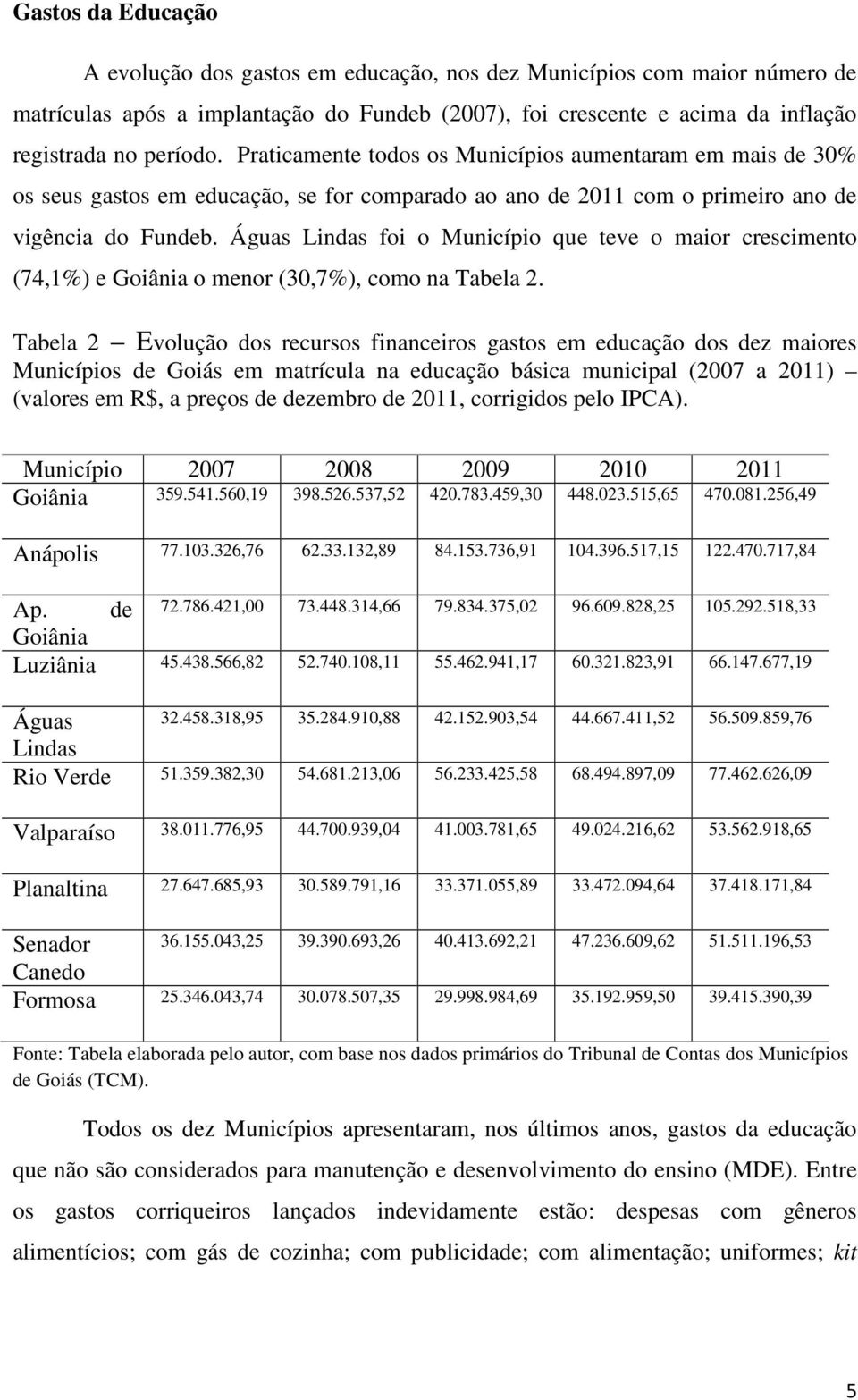 Águas Lindas foi o Município que teve o maior crescimento (74,1%) e Goiânia o menor (30,7%), como na Tabela 2.