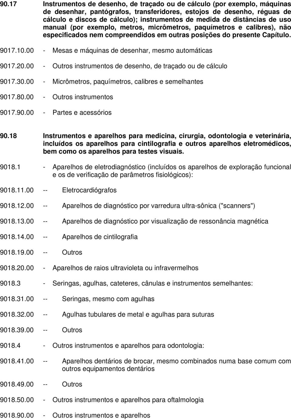 00 - Mesas e máquinas de desenhar, mesmo automáticas 9017.20.00 - Outros instrumentos de desenho, de traçado ou de cálculo 9017.30.00 - Micrômetros, paquímetros, calibres e semelhantes 9017.80.