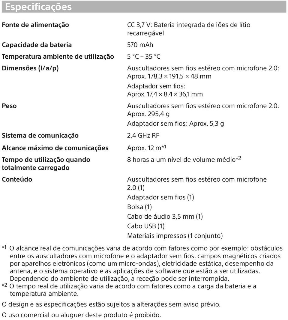 5,3 g Sistema de comunicação 2,4 GHz RF Alcance máximo de comunicações Aprox.