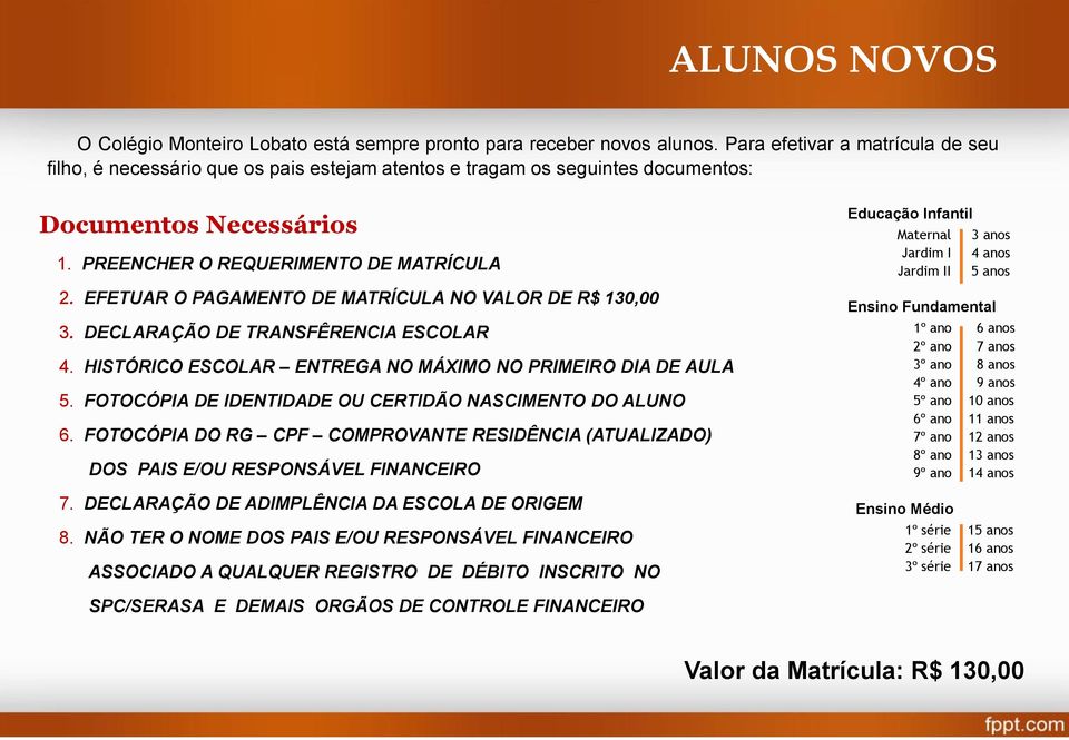 EFETUAR O PAGAMENTO DE MATRÍCULA NO VALOR DE R$ 130,00 3. DECLARAÇÃO DE TRANSFÊRENCIA ESCOLAR 4. HISTÓRICO ESCOLAR ENTREGA NO MÁXIMO NO PRIMEIRO DIA DE AULA 5.