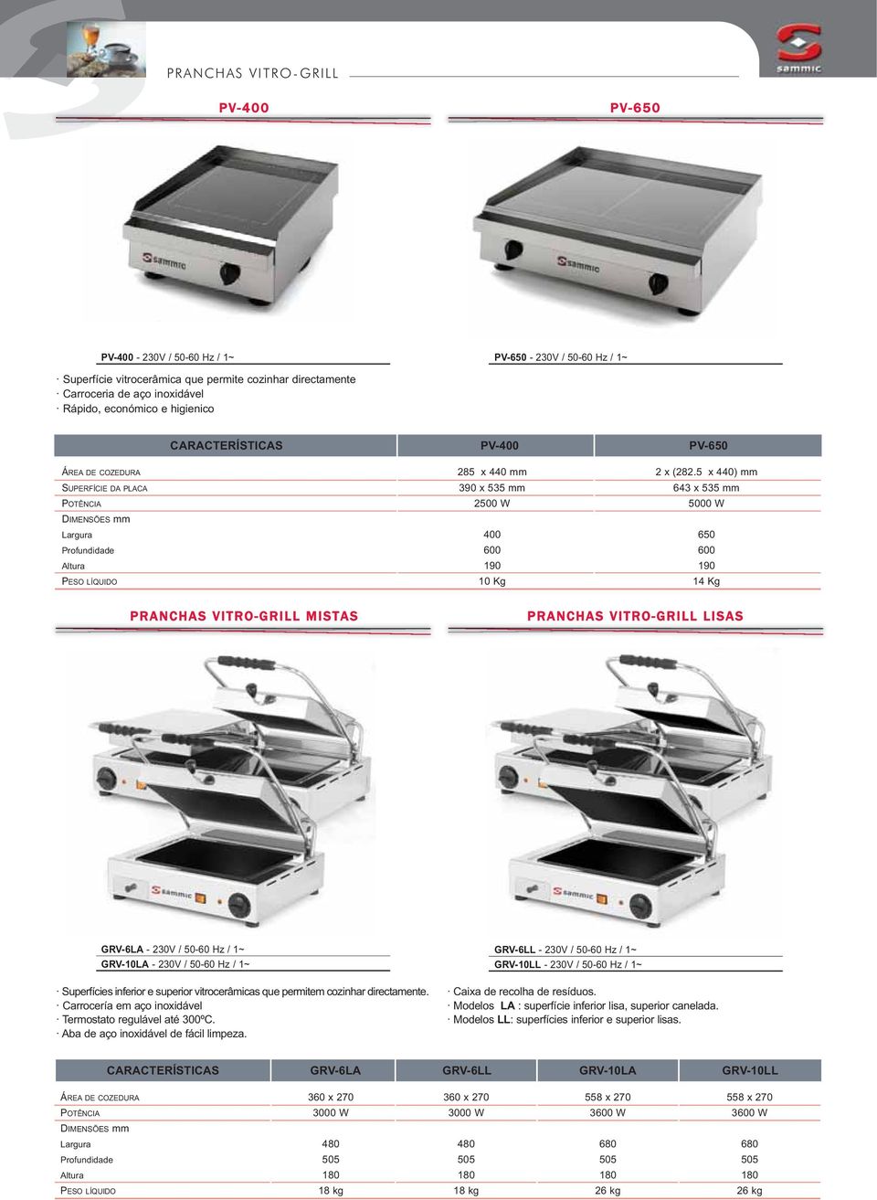 5 x 440) mm 643 x 535 mm 5000 W 650 600 190 14 Kg PRANCHAS VITRO-GRILL MISTAS PRANCHAS VITRO-GRILL LISAS GRV-6LA - 30V / 50-60 Hz / 1~ GRV-10LA - 30V / 50-60 Hz / 1~ Superfícies inferior e superior