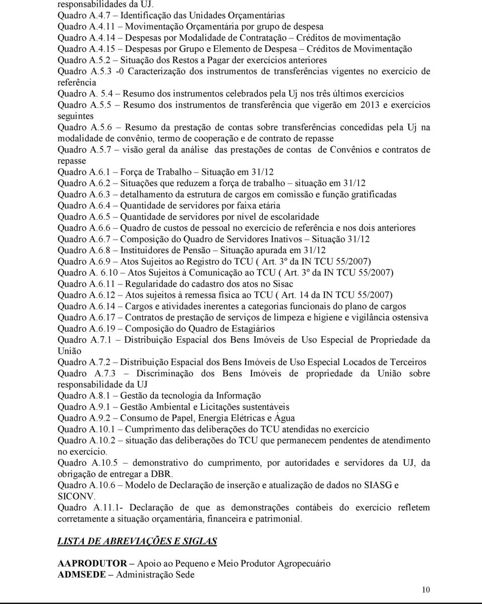 5.4 Resumo dos instrumentos celebrados pela Uj nos três últimos exercícios Quadro A.5.5 Resumo dos instrumentos de transferência que vigerão em 2013 e exercícios seguintes Quadro A.5.6 Resumo da prestação de contas sobre transferências concedidas pela Uj na modalidade de convênio, termo de cooperação e de contrato de repasse Quadro A.