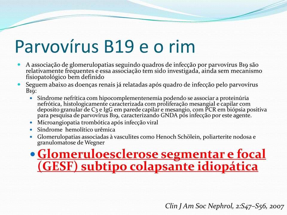 nefrótica, histologicamente caracterizada com proliferação mesangial e capilar com deposito granular de C3 e IgG em parede capilar e mesangio, com PCR em biópsia positiva para pesquisa de parvovírus