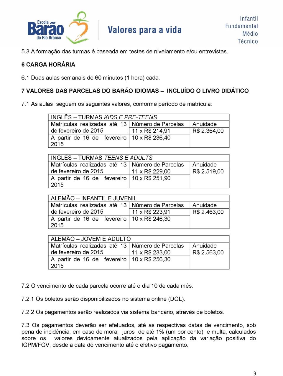 1 As aulas seguem os seguintes valores, conforme período de matrícula: INGLÊS TURMAS KIDS E PRE-TEENS de fevereiro de 11 x R$ 214,91 R$ 2.