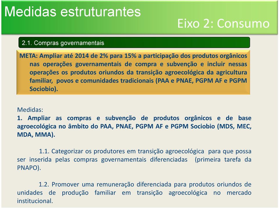 da transição agroecológica da agricultura familiar, povos e comunidades tradicionais(paa e PNAE, PGPM AF e PGPM Sociobio). 1.