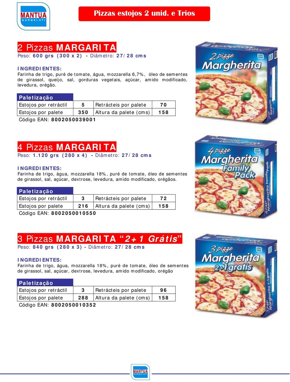 amido modificado, levedura, orégão. Estojos por retráctil 5 Retrácteis por palete 70 Estojos por palete 350 Altura da palete (cms) 158 Código EAN: 8002050039001 4 Pizzas MARGARITA Peso: 1.