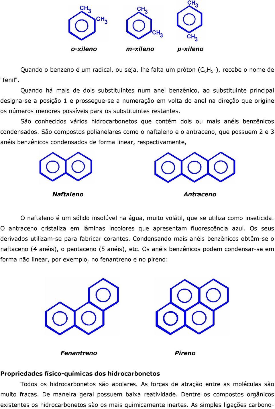 possíveis para os substituintes restantes. São conhecidos vários hidrocarbonetos que contém dois ou mais anéis benzênicos condensados.