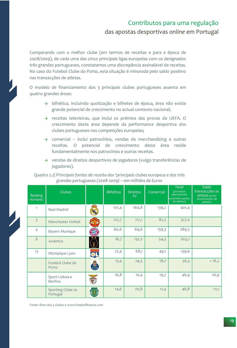 O modelo de financiamento dos 3 principais clubes portugueses assenta em quatro grandes áreas: bilhética, incluindo quotização e bilhetes de época, área não existe grande potencial de crescimento no