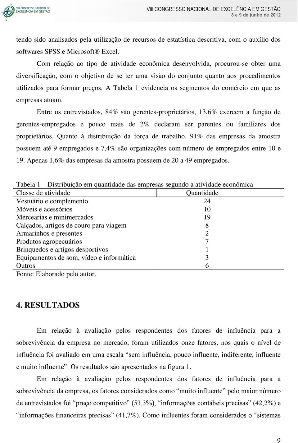 A Tabela 1 evidencia os segmentos do comércio em que as empresas atuam.