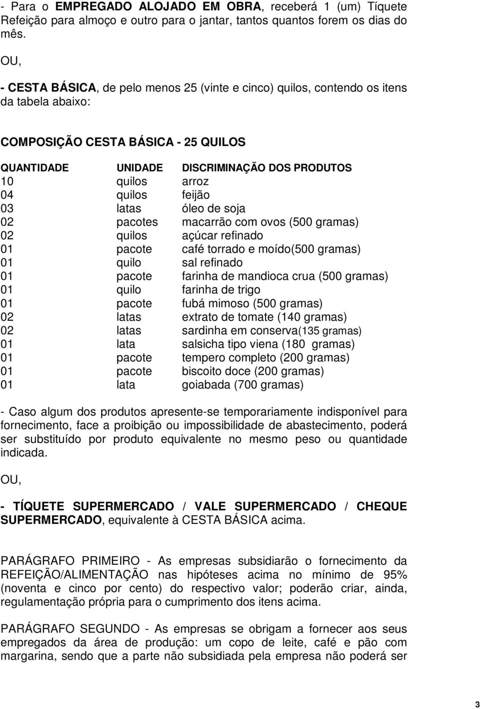 quilos feijão 03 latas óleo de soja 02 pacotes macarrão com ovos (500 gramas) 02 quilos açúcar refinado 01 pacote café torrado e moído(500 gramas) 01 quilo sal refinado 01 pacote farinha de mandioca