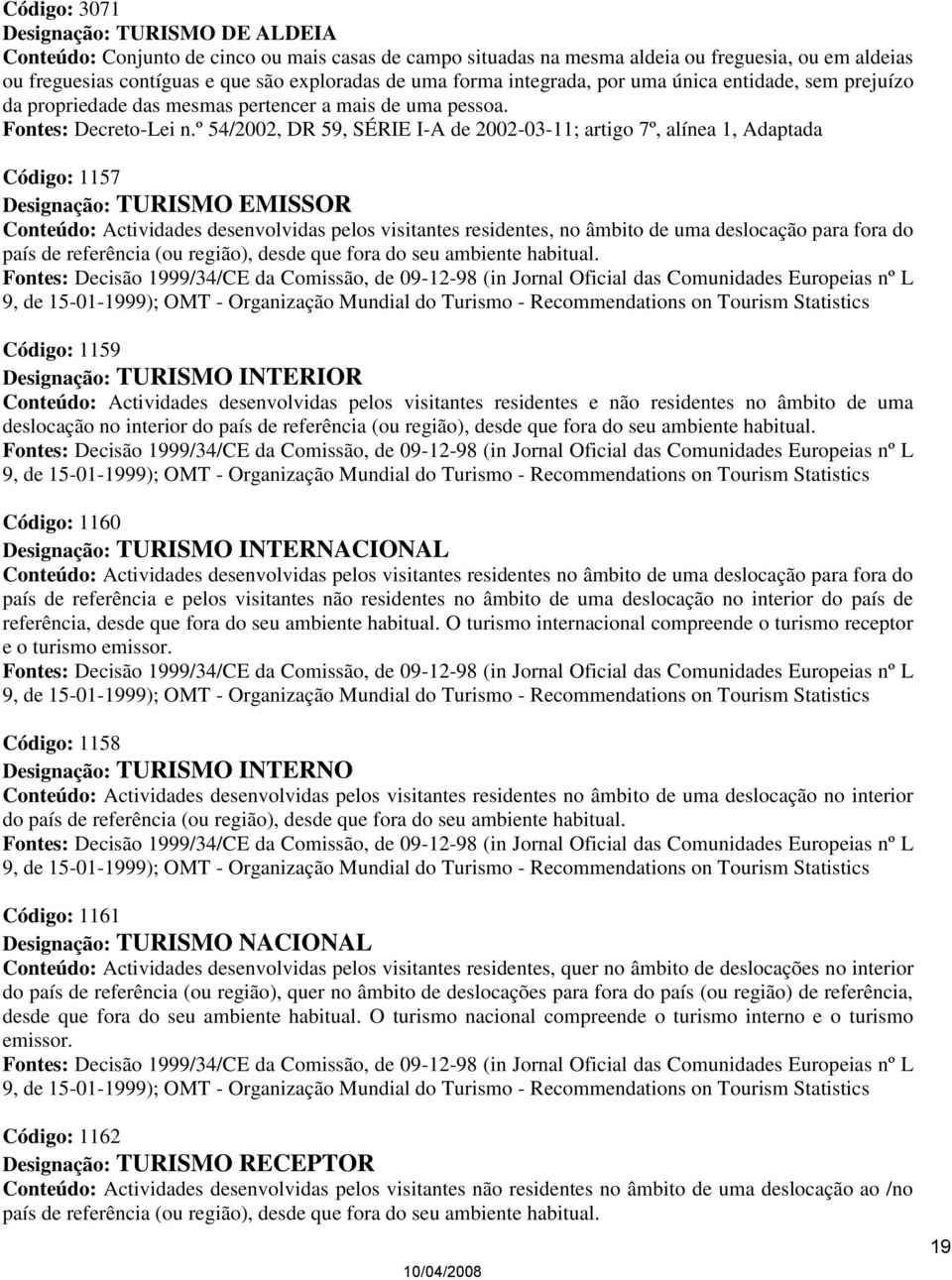 º 54/2002, DR 59, SÉRIE I-A de 2002-03-11; artigo 7º, alínea 1, Adaptada Código: 1157 Designação: TURISMO EMISSOR Conteúdo: Actividades desenvolvidas pelos visitantes residentes, no âmbito de uma