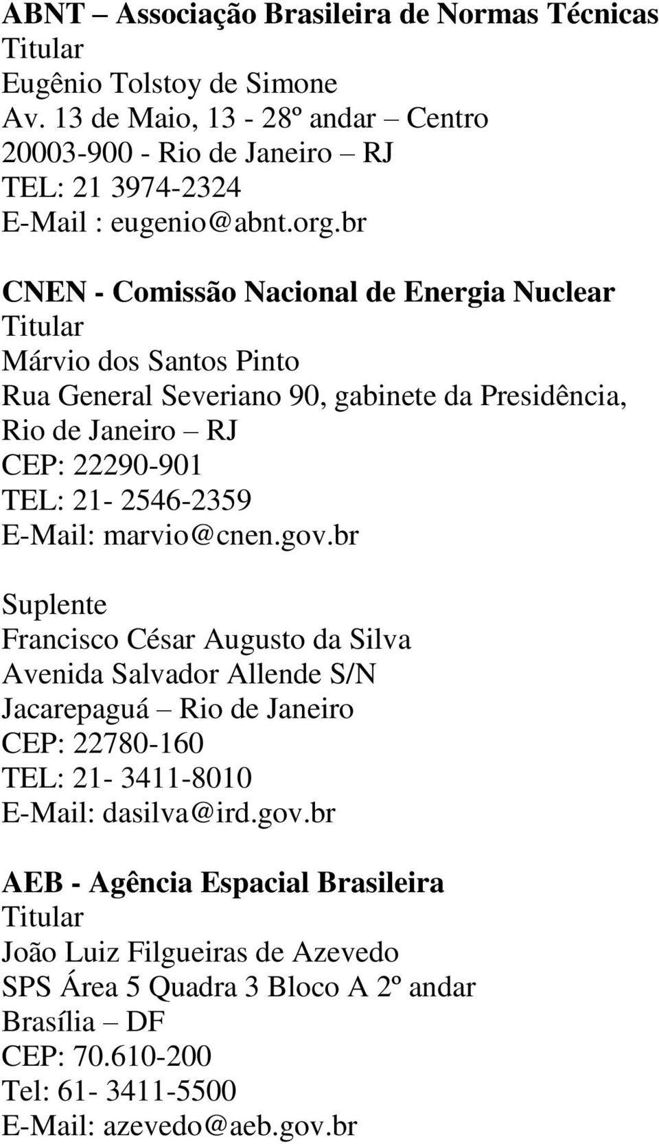 br CNEN - Comissão Nacional de Energia Nuclear Márvio dos Santos Pinto Rua General Severiano 90, gabinete da Presidência, Rio de Janeiro RJ CEP: 22290-901 TEL: 21-2546-2359