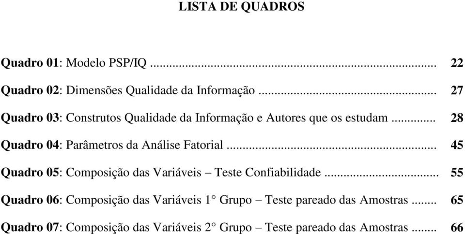 .. 28 Quadro 04: Parâmetros da Análise Fatorial... 45 Quadro 05: Composição das Variáveis Teste Confiabilidade.