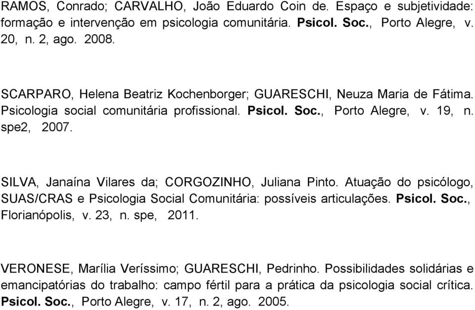 SILVA, Janaína Vilares da; CORGOZINHO, Juliana Pinto. Atuação do psicólogo, SUAS/CRAS e Psicologia Social Comunitária: possíveis articulações. Psicol. Soc., Florianópolis, v. 23, n.