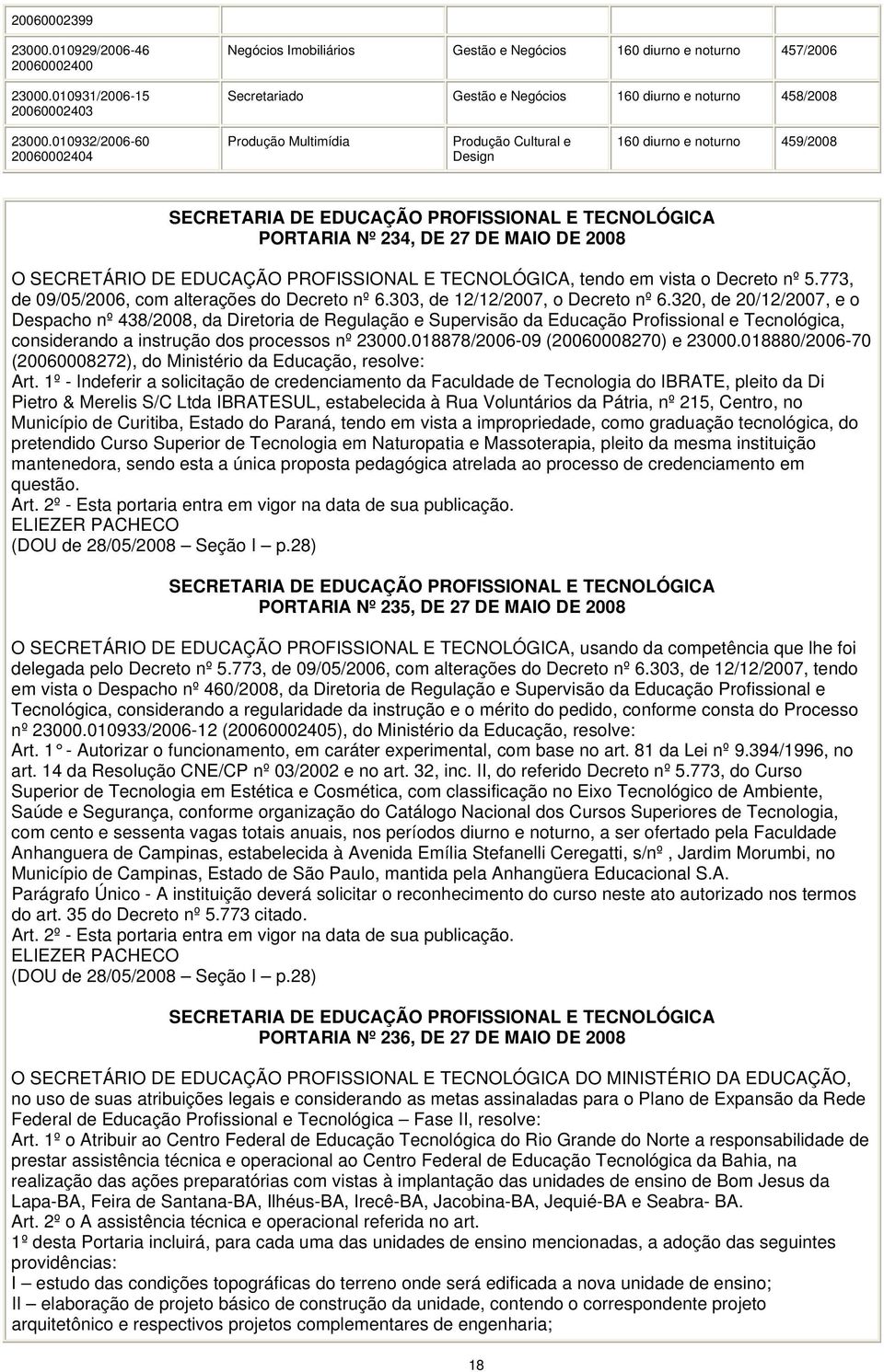 010932/2006-60 20060002404 Produção Multimídia Produção Cultural e Design 160 diurno e noturno 459/2008 PORTARIA Nº 234, DE 27 DE MAIO DE 2008 O SECRETÁRIO DE EDUCAÇÃO PROFISSIONAL E TECNOLÓGICA,
