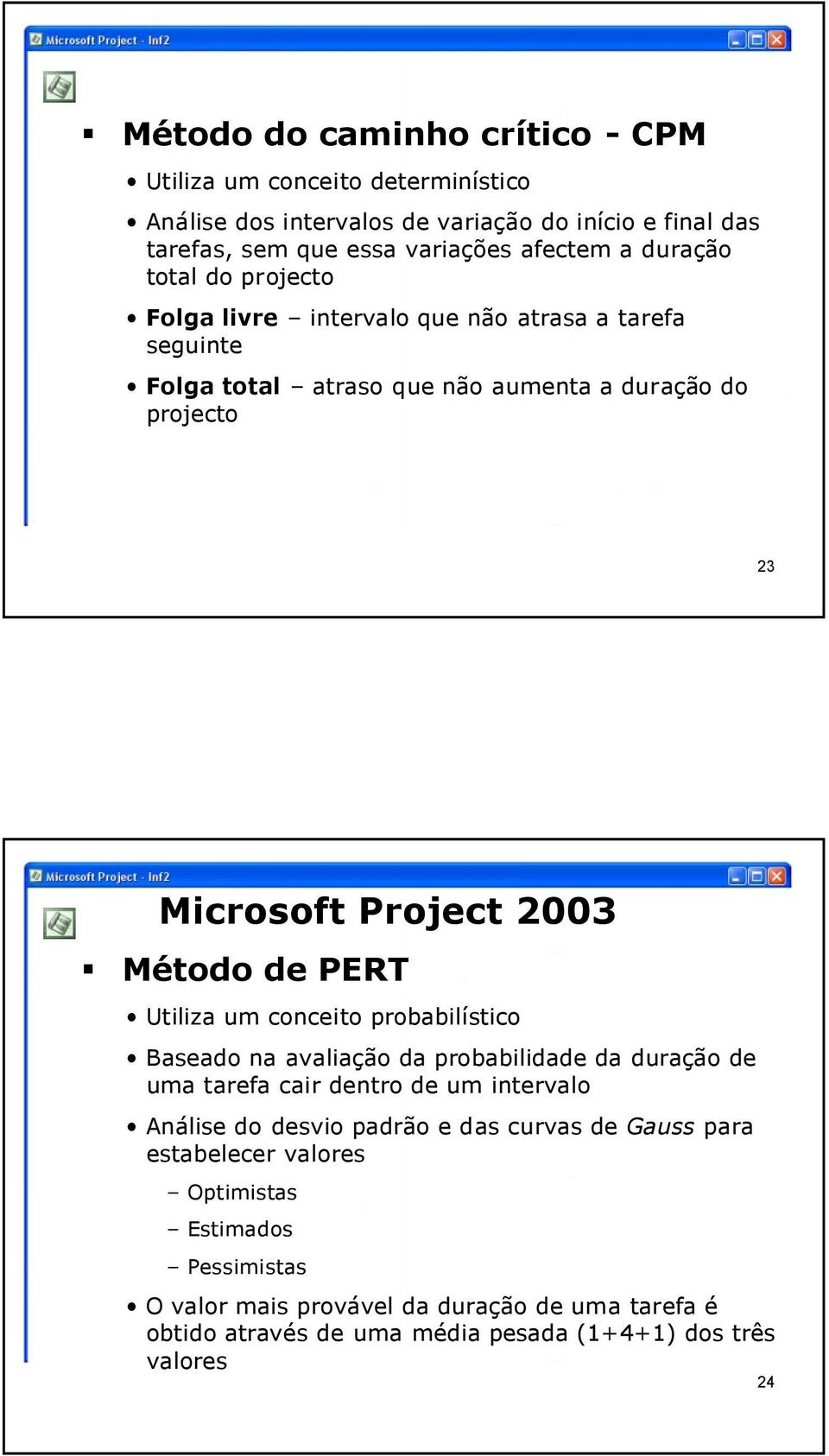 um conceito probabilístico Baseado na avaliação da probabilidade da duração de uma tarefa cair dentro de um intervalo Análise do desvio padrão e das curvas de Gauss