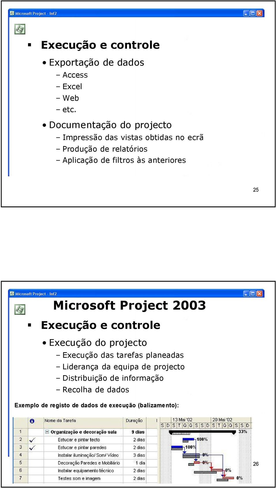 filtros às anteriores 25 Execução e controle Execução do projecto Execução das tarefas planeadas