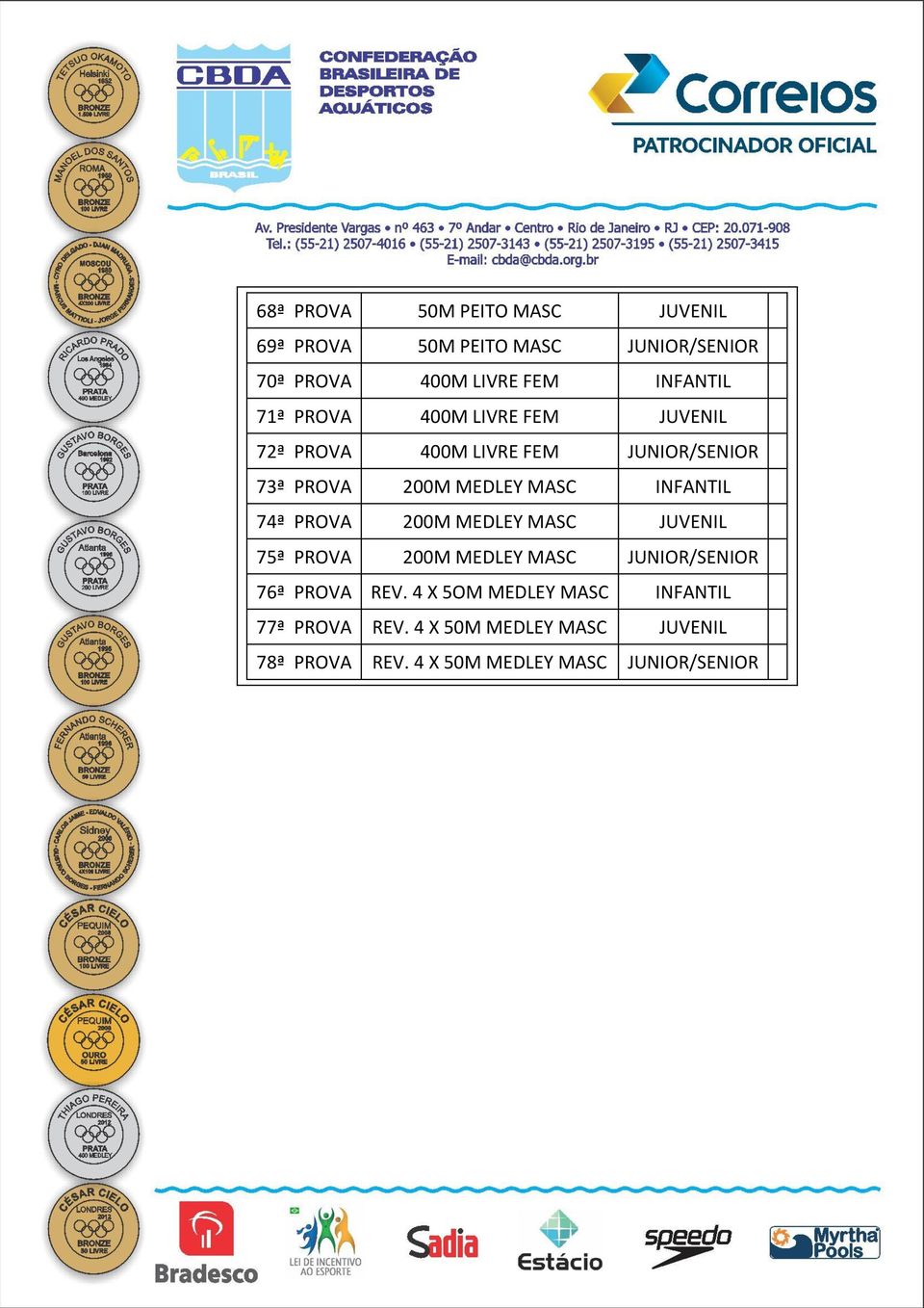 INFANTIL 74ª PROVA 200M MEDLEY MASC JUVENIL 75ª PROVA 200M MEDLEY MASC JUNIOR/SENIOR 76ª PROVA REV.