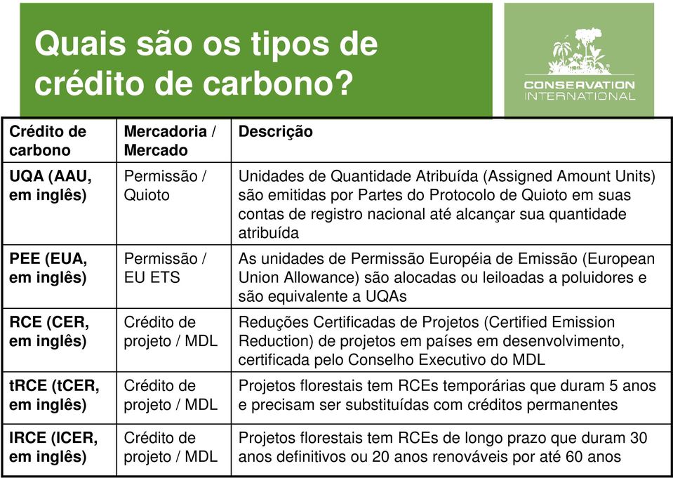 projeto / MDL Crédito de projeto / MDL Crédito de projeto / MDL Descrição Unidades de Quantidade Atribuída (Assigned Amount Units) são emitidas por Partes do Protocolo de Quioto em suas contas de