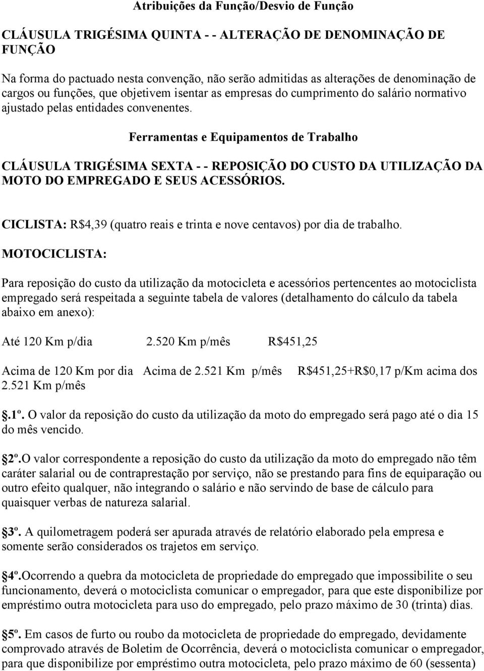 Ferramentas e Equipamentos de Trabalho CLÁUSULA TRIGÉSIMA SEXTA - - REPOSIÇÃO DO CUSTO DA UTILIZAÇÃO DA MOTO DO EMPREGADO E SEUS ACESSÓRIOS.