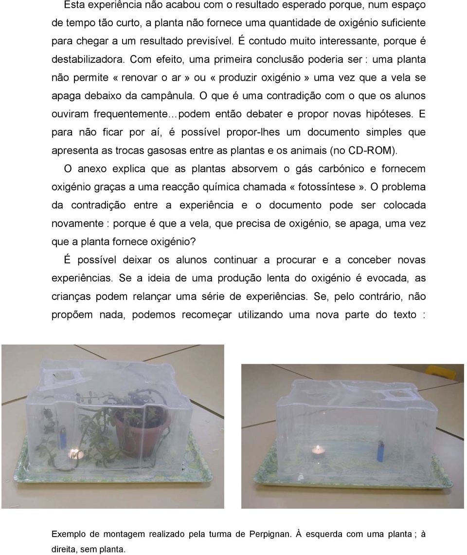 Com efeito, uma primeira conclusão poderia ser : uma planta não permite «renovar o ar» ou «produzir oxigénio» uma vez que a vela se apaga debaixo da campânula.