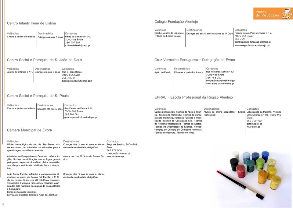 pt www.colegio.fundacao-alentejo.pt/ Centro Social e Paroquial de S. João de Deus Cruz Vermelha Portuguesa - Delegação de Évora Jardim-de-infância e ATL Crianças até aos 6 anos Rua S.