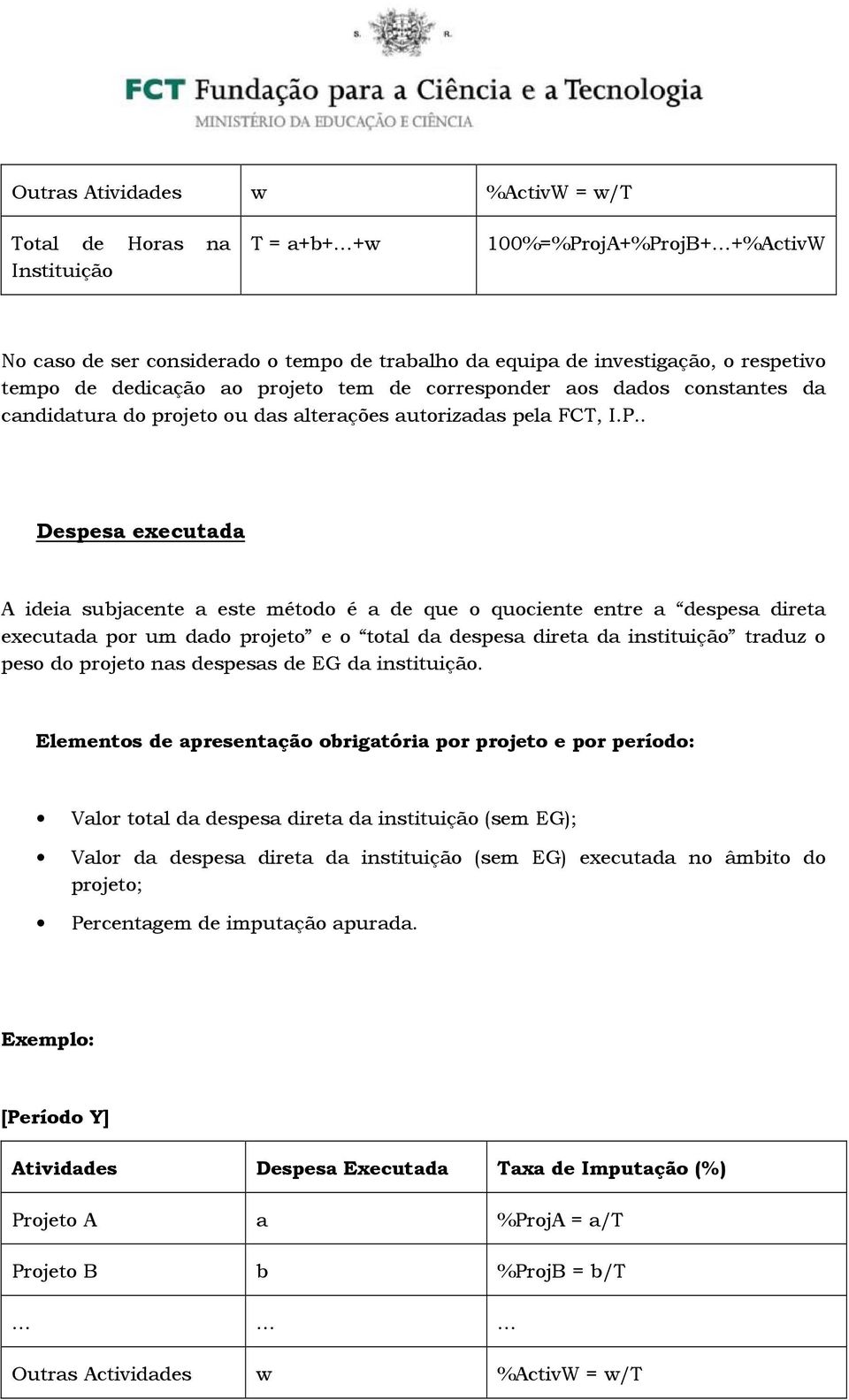 . Despesa executada A ideia subjacente a este método é a de que o quociente entre a despesa direta executada por um dado projeto e o total da despesa direta da instituição traduz o peso do projeto