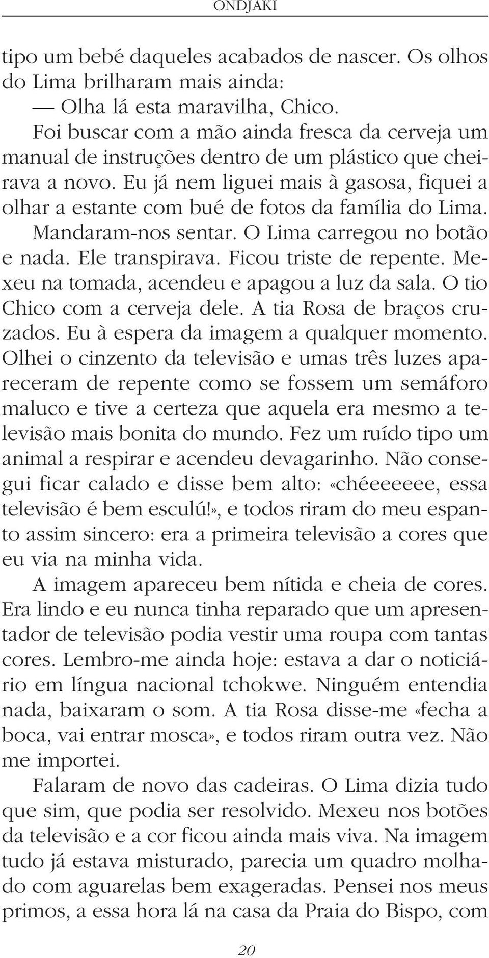 Eu já nem liguei mais à gasosa, fiquei a olhar a estante com bué de fotos da família do Lima. Mandaram-nos sentar. O Lima carregou no botão e nada. Ele transpirava. Ficou triste de repente.