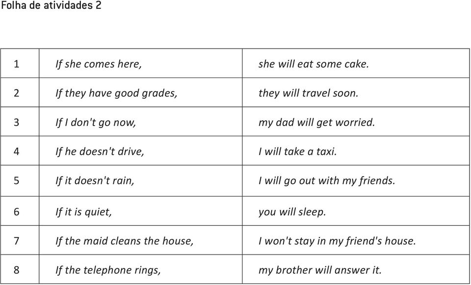 4 If he doesn't drive, I will take a taxi. 5 If it doesn't rain, I will go out with my friends.