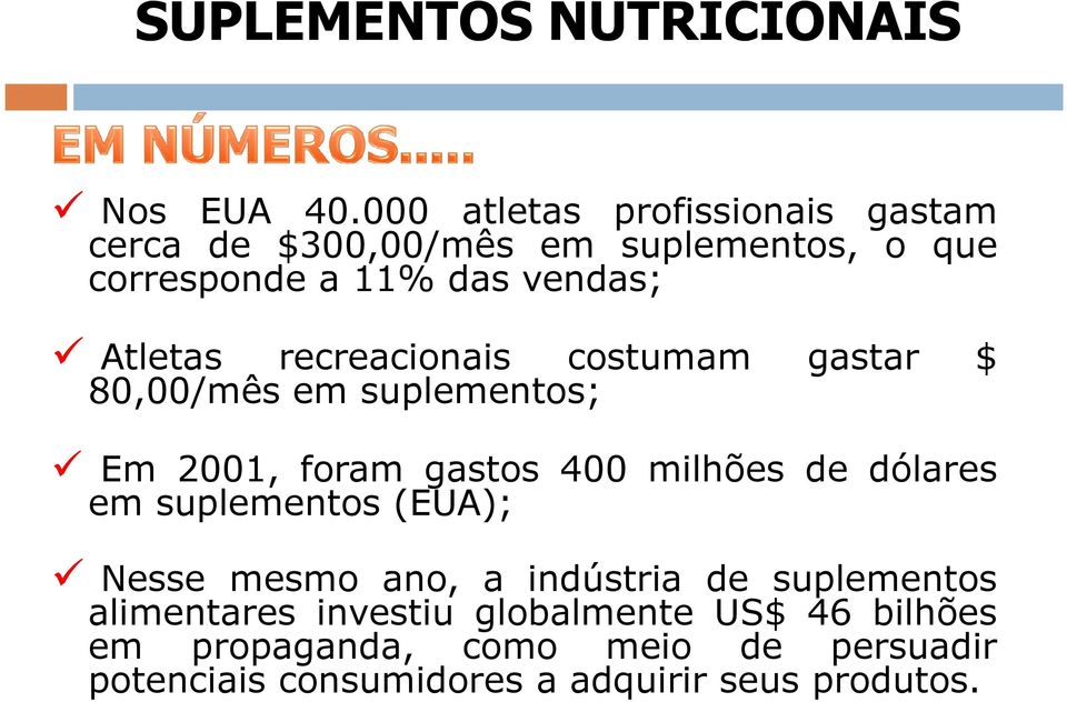 Atletas recreacionais costumam gastar $ 80,00/mês em suplementos; Em 2001, foram gastos 400 milhões de