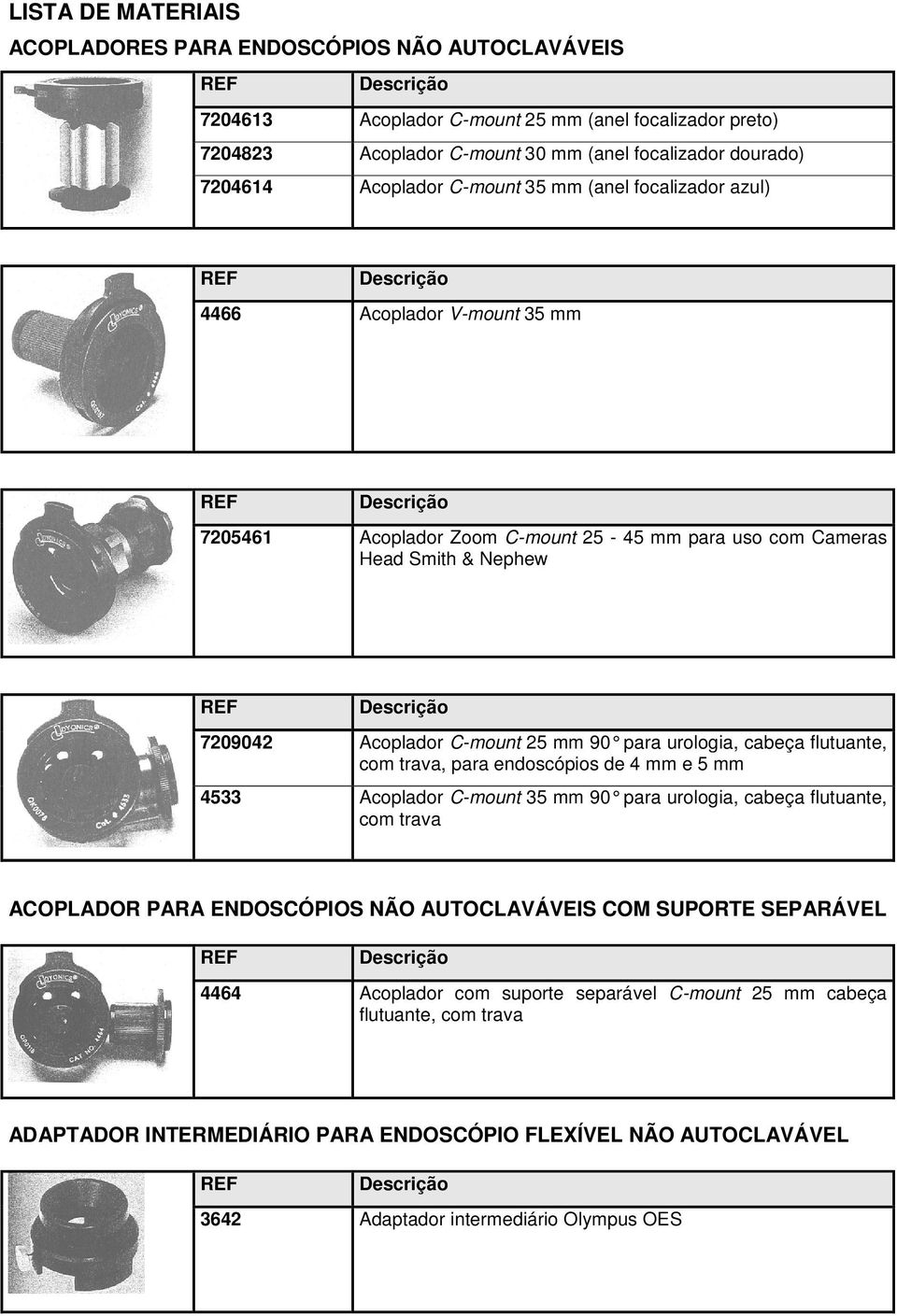 para urologia, cabeça flutuante, com trava, para endoscópios de 4 mm e 5 mm 4533 Acoplador C-mount 35 mm 90 para urologia, cabeça flutuante, com trava ACOPLADOR PARA ENDOSCÓPIOS NÃO AUTOCLAVÁVEIS