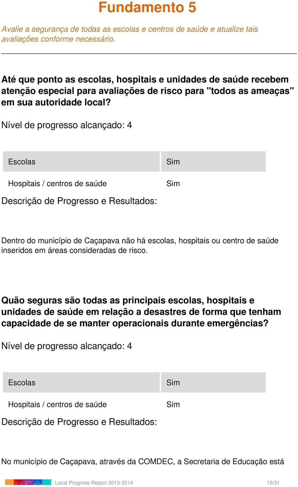 Nível de progresso alcançado: 4 Escolas Hospitais / centros de saúde Dentro do município de Caçapava não há escolas, hospitais ou centro de saúde inseridos em áreas consideradas de risco.