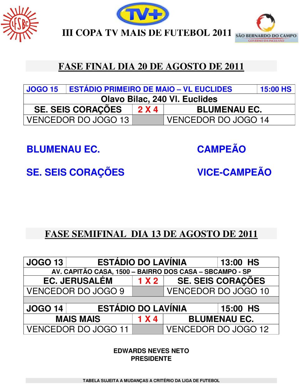 SEIS CORAÇÕES CAMPEÃO VICE-CAMPEÃO FASE SEMIFINAL DIA 13 DE AGOSTO DE 2011 JOGO 13 ESTÁDIO DO LAVÍNIA 13:00 HS AV.