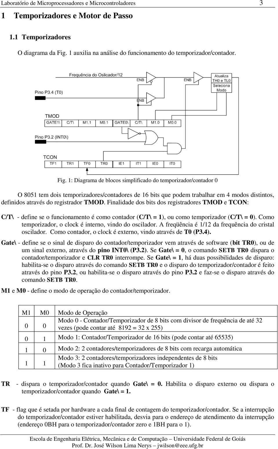 1: Diagrama de blocos simplificado do temporizador/contador 0 O 8051 tem dois temporizadores/contadores de 16 bits que podem trabalhar em 4 modos distintos, definidos através do registrador TMOD.