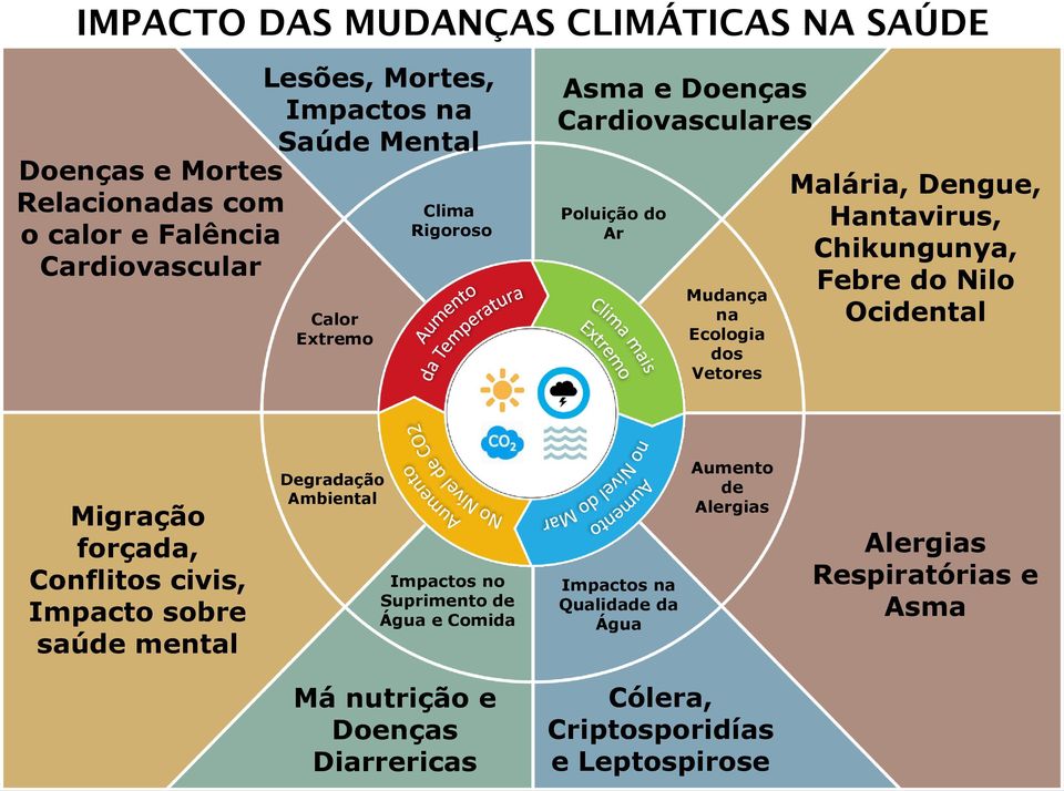 Febre do Nilo Ocidental Migração forçada, Conflitos civis, Impacto sobre saúde mental Degradação Ambiental Impactos no Suprimento de Água e Comida