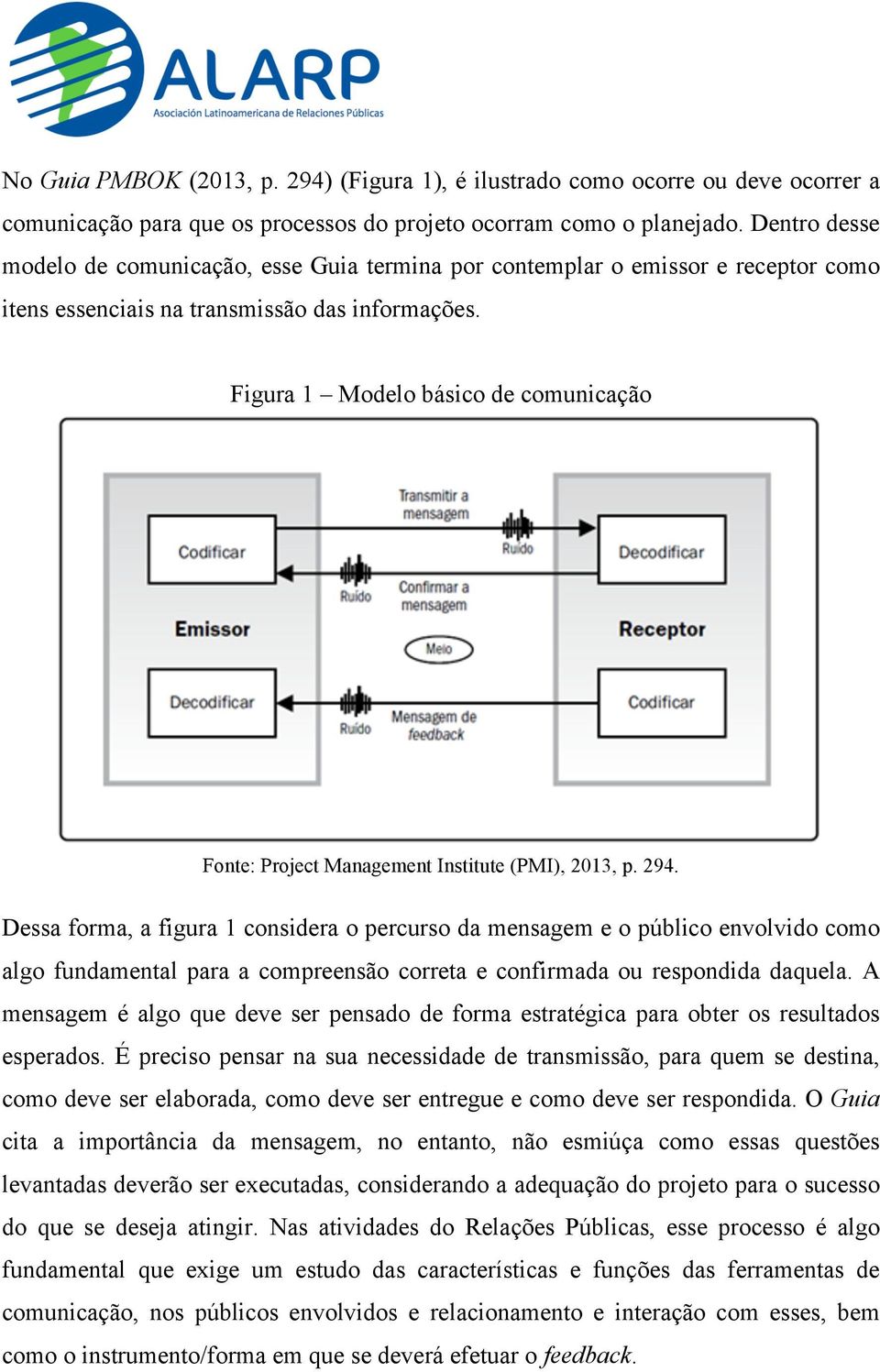 Figura 1 Modelo básico de comunicação Fonte: Project Management Institute (PMI), 2013, p. 294.